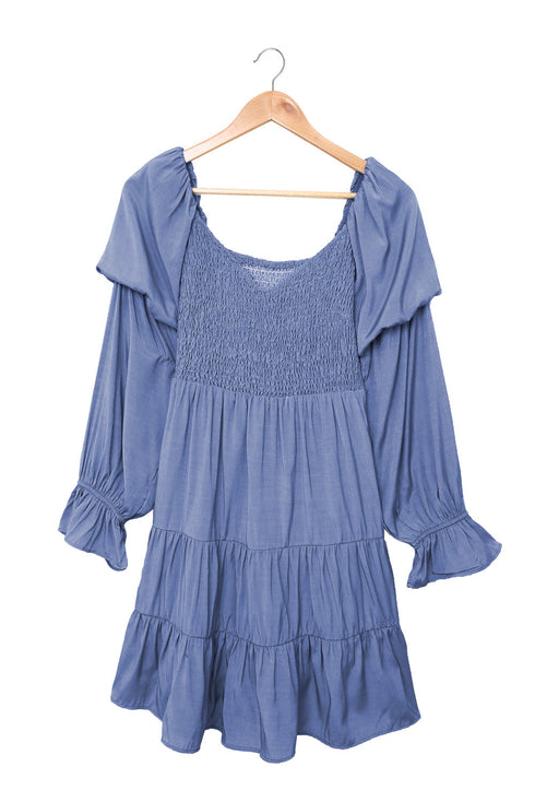 Boho Solid Shirred Ruffle Mini Dress